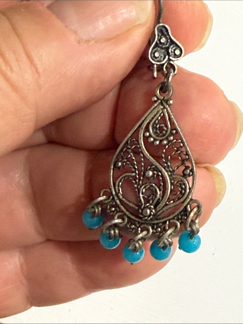 chic Antique Bronze Filigree Teardrop Earrings with Turquoise Beads